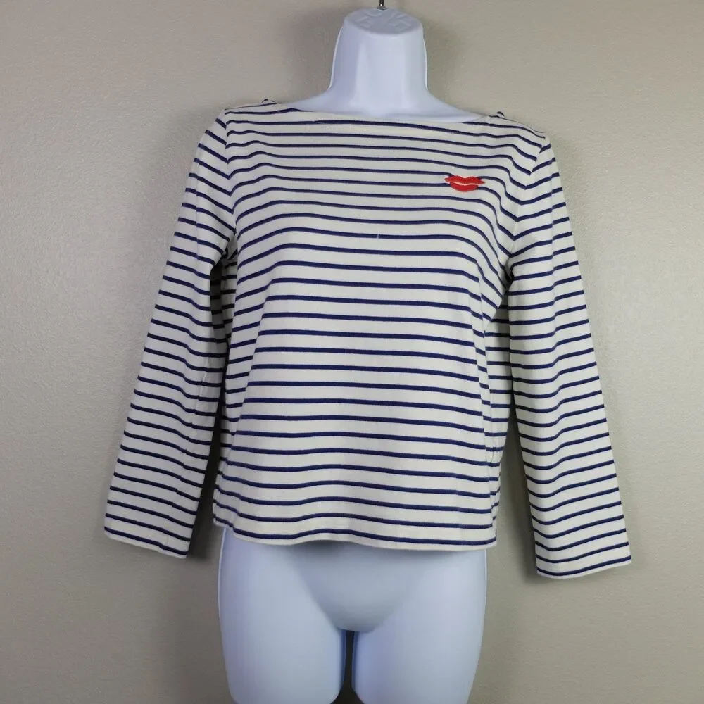 J Crew White Navy Blue Classic Mariner Boatneck 3/4 Sleeves Size XS